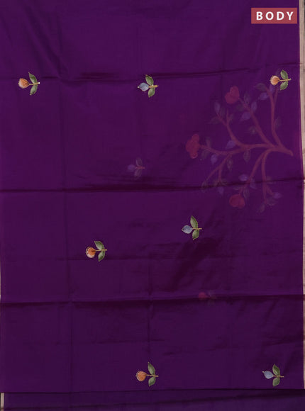 Kota saree purple shade with allover hand paints & kantha stitch work and zari woven piping border