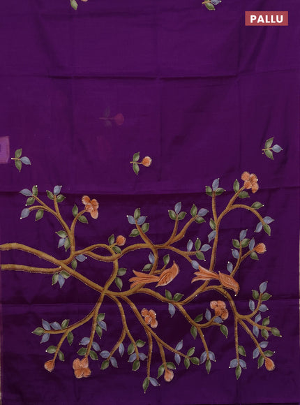 Kota saree purple shade with allover hand paints & kantha stitch work and zari woven piping border