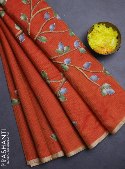 Kota saree orange with allover hand paints & kantha stitch work and zari woven piping border