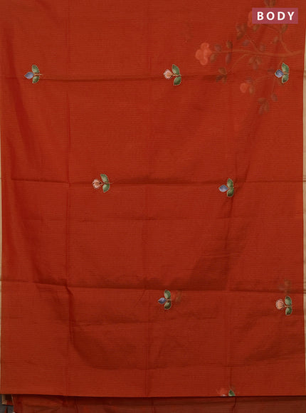 Kota saree orange with allover hand paints & kantha stitch work and zari woven piping border