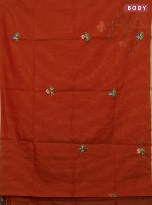 Kota saree orange with allover hand paints & kantha stitch work and zari woven piping border