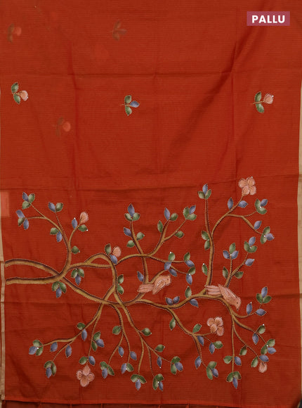 Kota saree orange with allover hand paints & kantha stitch work and zari woven piping border