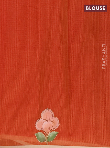 Kota saree orange with allover hand paints & kantha stitch work and zari woven piping border