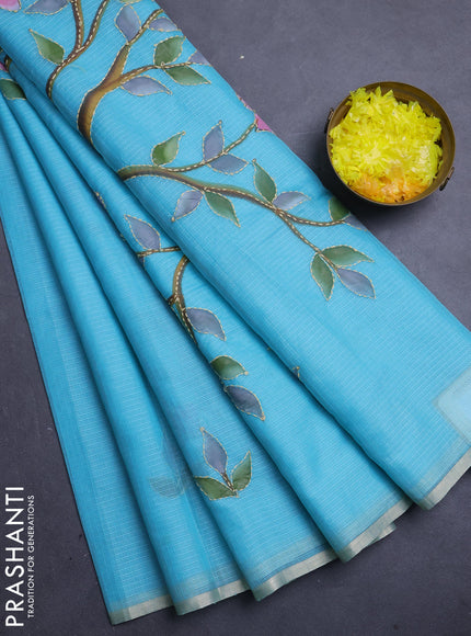 Kota saree teal blue with allover hand paints & kantha stitch work and zari woven piping border