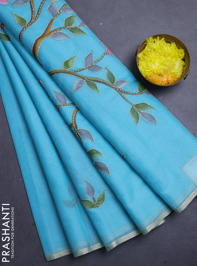 Kota saree teal blue with allover hand paints & kantha stitch work and zari woven piping border