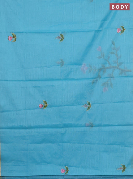 Kota saree teal blue with allover hand paints & kantha stitch work and zari woven piping border