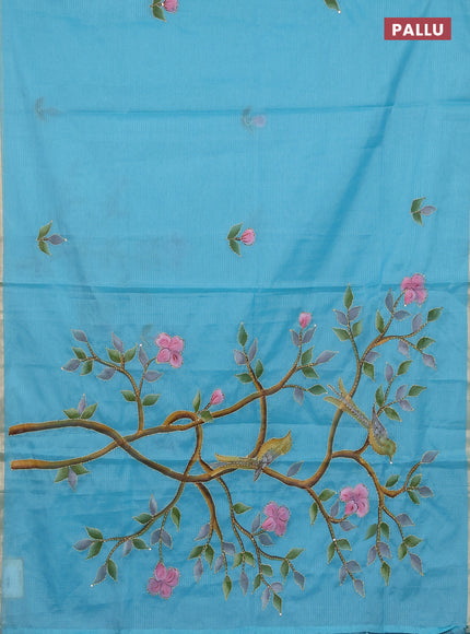 Kota saree teal blue with allover hand paints & kantha stitch work and zari woven piping border