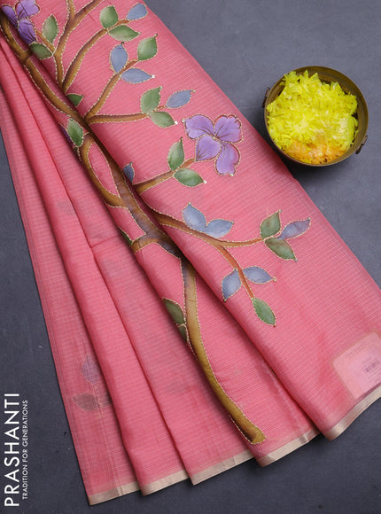 Kota saree peach shade with allover hand paints & kantha stitch work and zari woven piping border