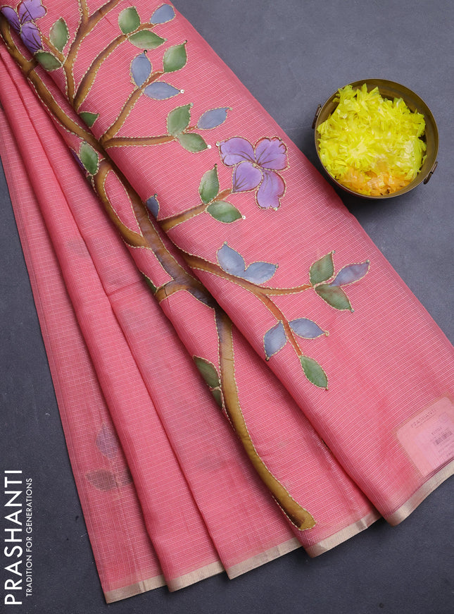 Kota saree peach shade with allover hand paints & kantha stitch work and zari woven piping border
