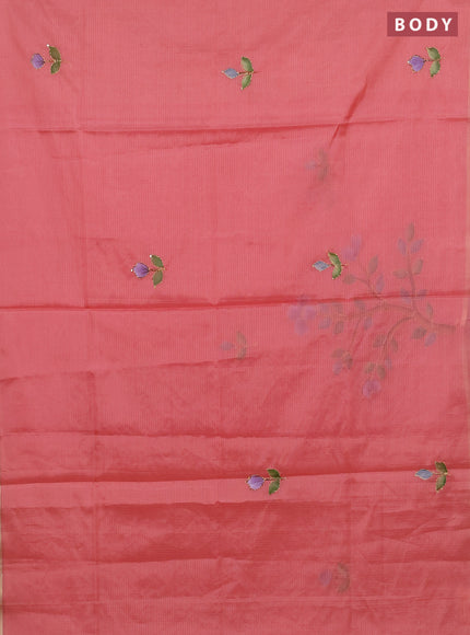 Kota saree peach shade with allover hand paints & kantha stitch work and zari woven piping border