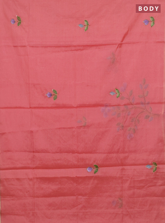 Kota saree peach shade with allover hand paints & kantha stitch work and zari woven piping border