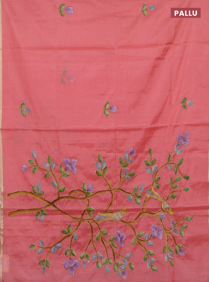 Kota saree peach shade with allover hand paints & kantha stitch work and zari woven piping border