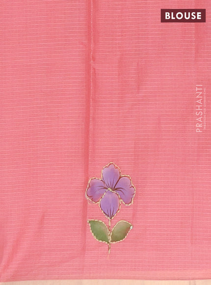 Kota saree peach shade with allover hand paints & kantha stitch work and zari woven piping border