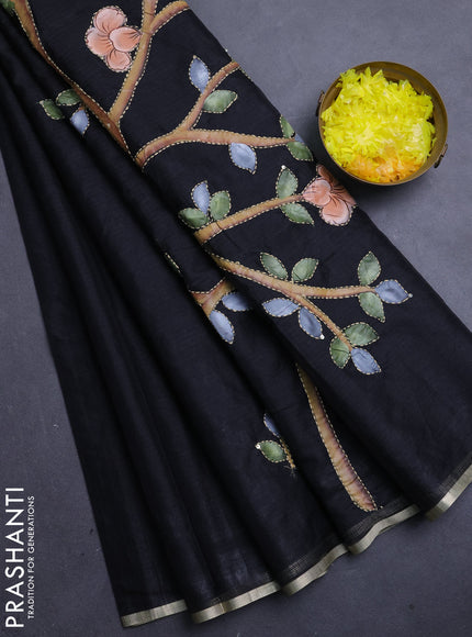 Kota saree black with allover hand paints & kantha stitch work and zari woven piping border