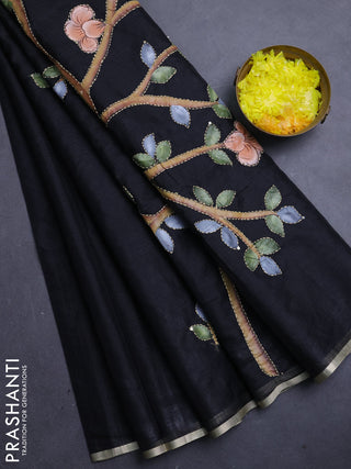 Kota saree black with allover hand paints & kantha stitch work and zari woven piping border