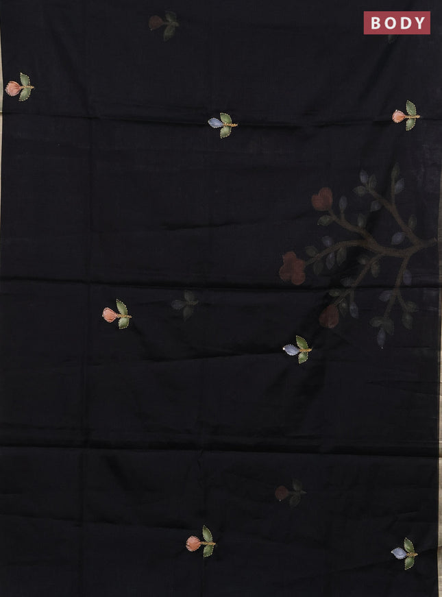 Kota saree black with allover hand paints & kantha stitch work and zari woven piping border