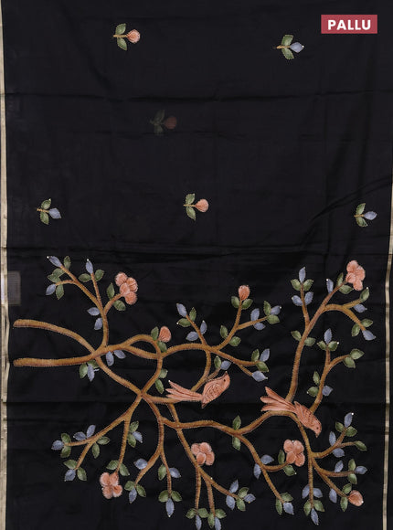 Kota saree black with allover hand paints & kantha stitch work and zari woven piping border