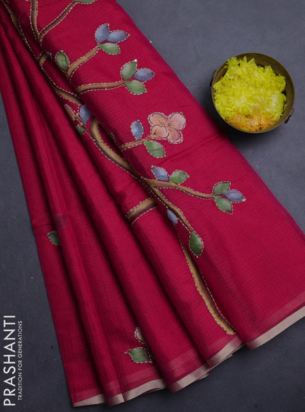 Kota saree reddish pink with allover hand paints & kantha stitch work and zari woven piping border