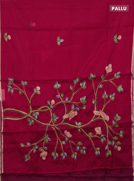 Kota saree reddish pink with allover hand paints & kantha stitch work and zari woven piping border