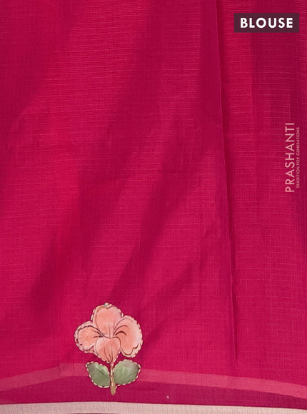 Kota saree reddish pink with allover hand paints & kantha stitch work and zari woven piping border