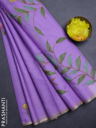 Kota saree lavender with allover hand paints & kantha stitch work and zari woven piping border