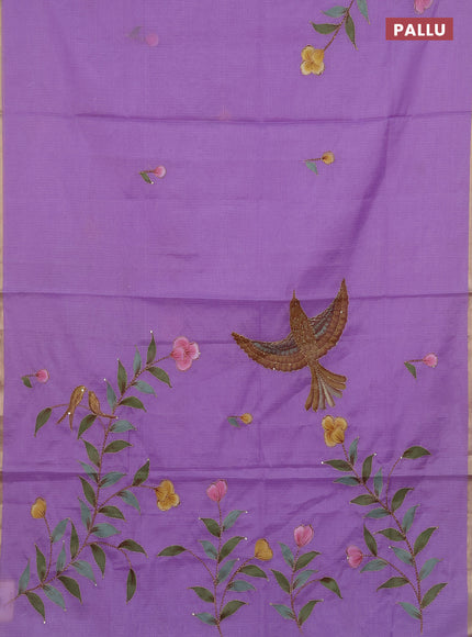 Kota saree lavender with allover hand paints & kantha stitch work and zari woven piping border