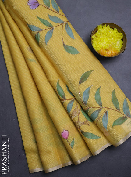 Kota saree mustard yellow with allover hand paints & kantha stitch work and zari woven piping border