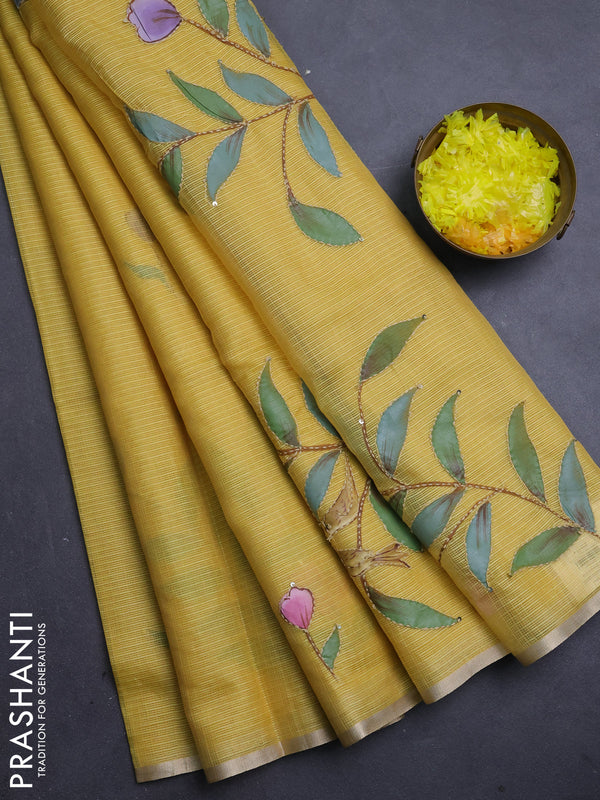 Kota saree mustard yellow with allover hand paints & kantha stitch work and zari woven piping border