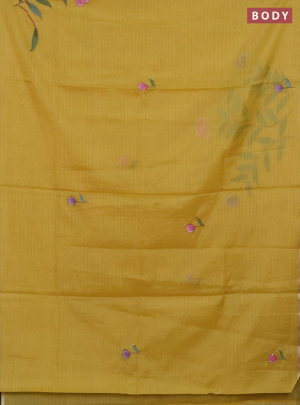 Kota saree mustard yellow with allover hand paints & kantha stitch work and zari woven piping border