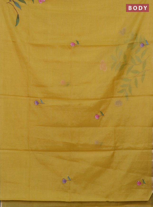 Kota saree mustard yellow with allover hand paints & kantha stitch work and zari woven piping border