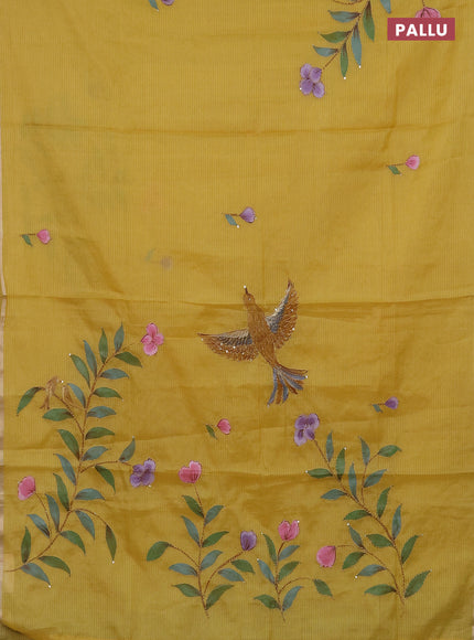 Kota saree mustard yellow with allover hand paints & kantha stitch work and zari woven piping border