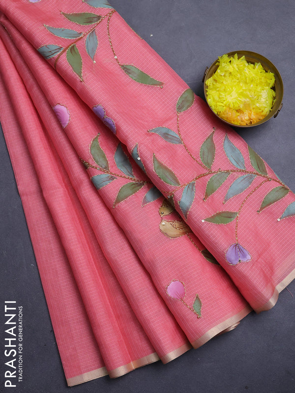 Kota saree peach shade with allover hand paints & kantha stitch work and zari woven piping border