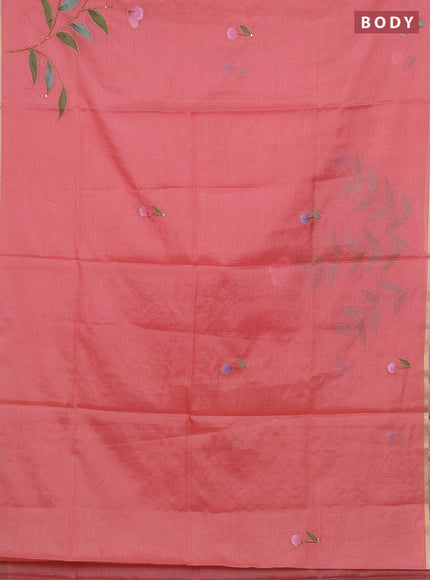 Kota saree peach shade with allover hand paints & kantha stitch work and zari woven piping border