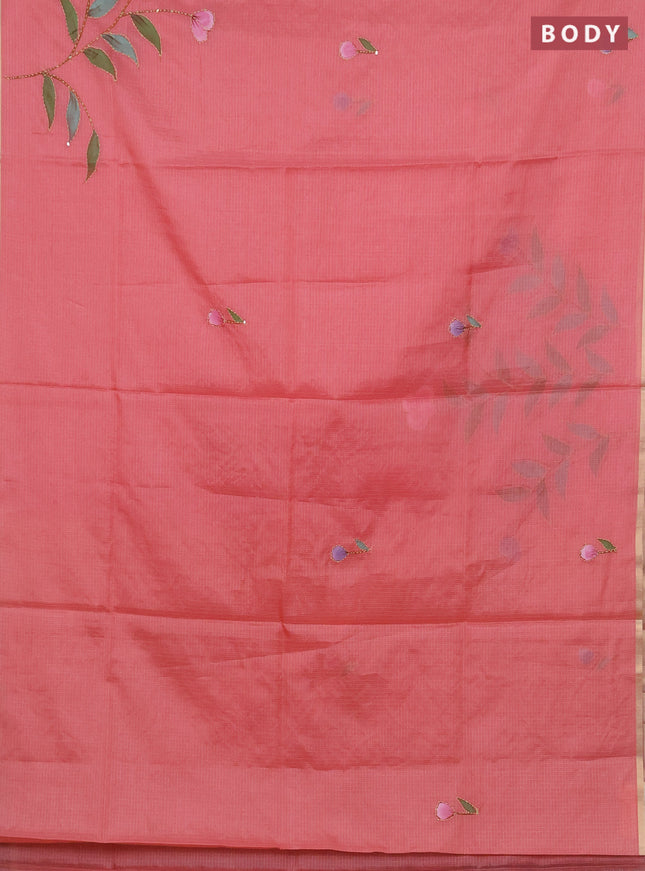 Kota saree peach shade with allover hand paints & kantha stitch work and zari woven piping border