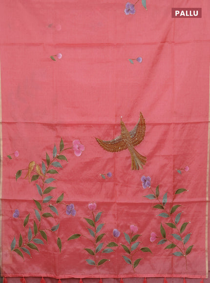 Kota saree peach shade with allover hand paints & kantha stitch work and zari woven piping border