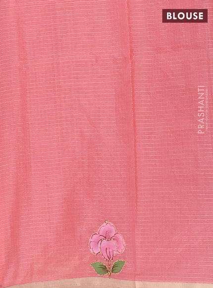 Kota saree peach shade with allover hand paints & kantha stitch work and zari woven piping border