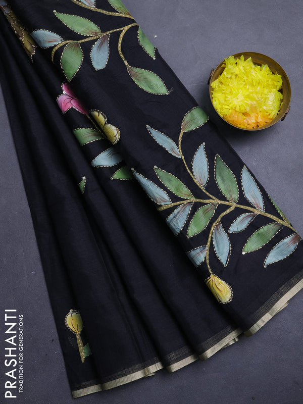 Kota saree black with allover hand paints & kantha stitch work and zari woven piping border
