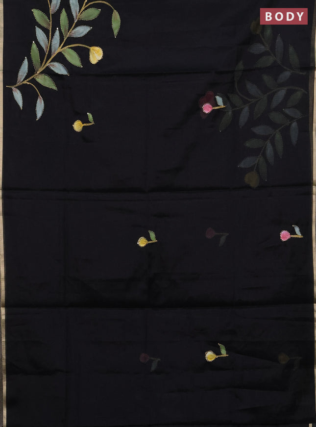 Kota saree black with allover hand paints & kantha stitch work and zari woven piping border