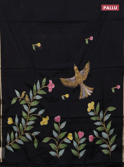 Kota saree black with allover hand paints & kantha stitch work and zari woven piping border
