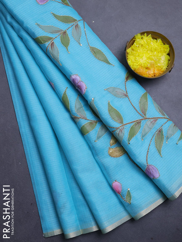 Kota saree turquoise with allover hand paints & kantha stitch work and zari woven piping border