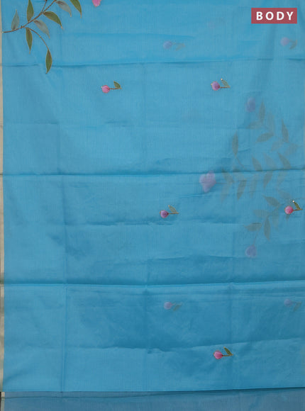 Kota saree turquoise with allover hand paints & kantha stitch work and zari woven piping border