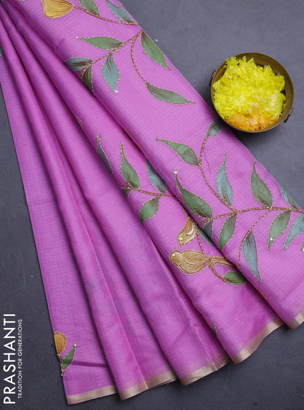 Kota saree purple with allover hand paints & kantha stitch work and zari woven piping border