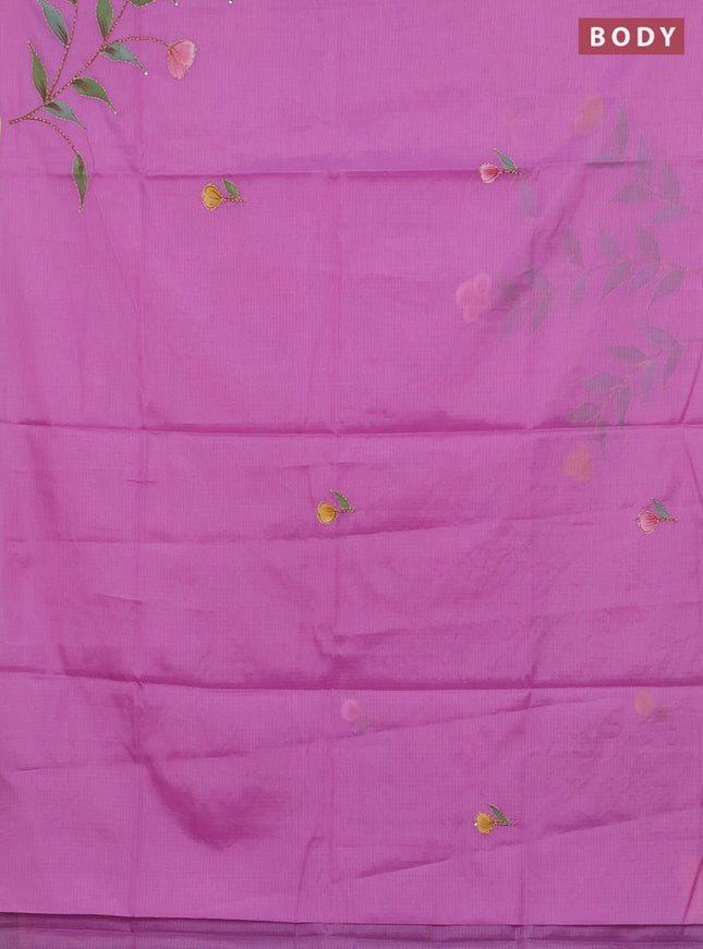 Kota saree purple with allover hand paints & kantha stitch work and zari woven piping border