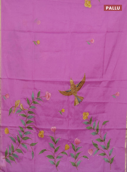 Kota saree purple with allover hand paints & kantha stitch work and zari woven piping border