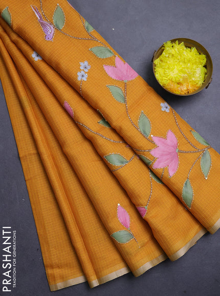 Kota saree mustard yellow with allover hand paints & kantha stitch work and zari woven piping border