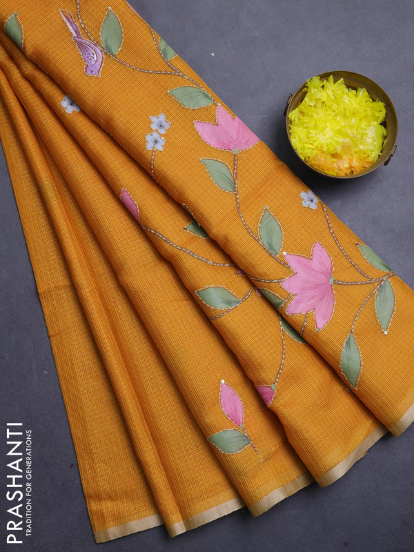 Kota saree mustard yellow with allover hand paints & kantha stitch work and zari woven piping border