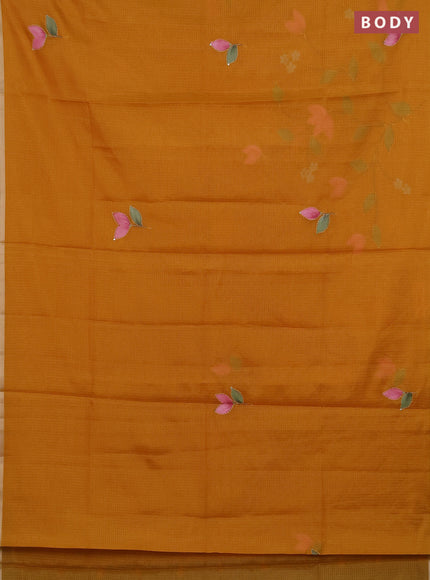 Kota saree mustard yellow with allover hand paints & kantha stitch work and zari woven piping border