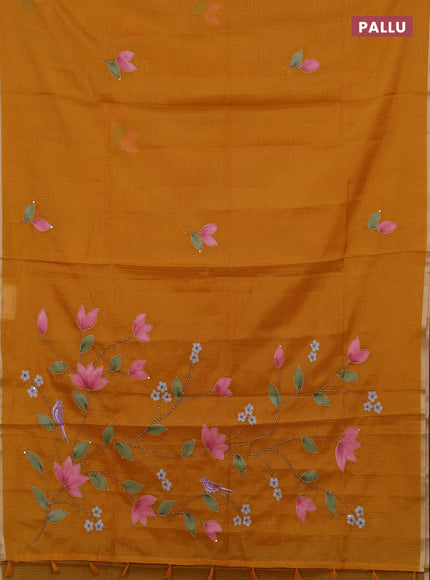 Kota saree mustard yellow with allover hand paints & kantha stitch work and zari woven piping border
