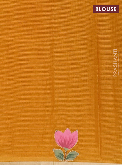Kota saree mustard yellow with allover hand paints & kantha stitch work and zari woven piping border