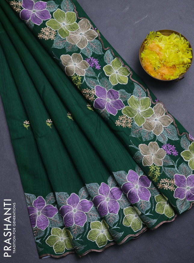 Semi raw silk saree bottle green with embroidery buttas and floral embroidery border